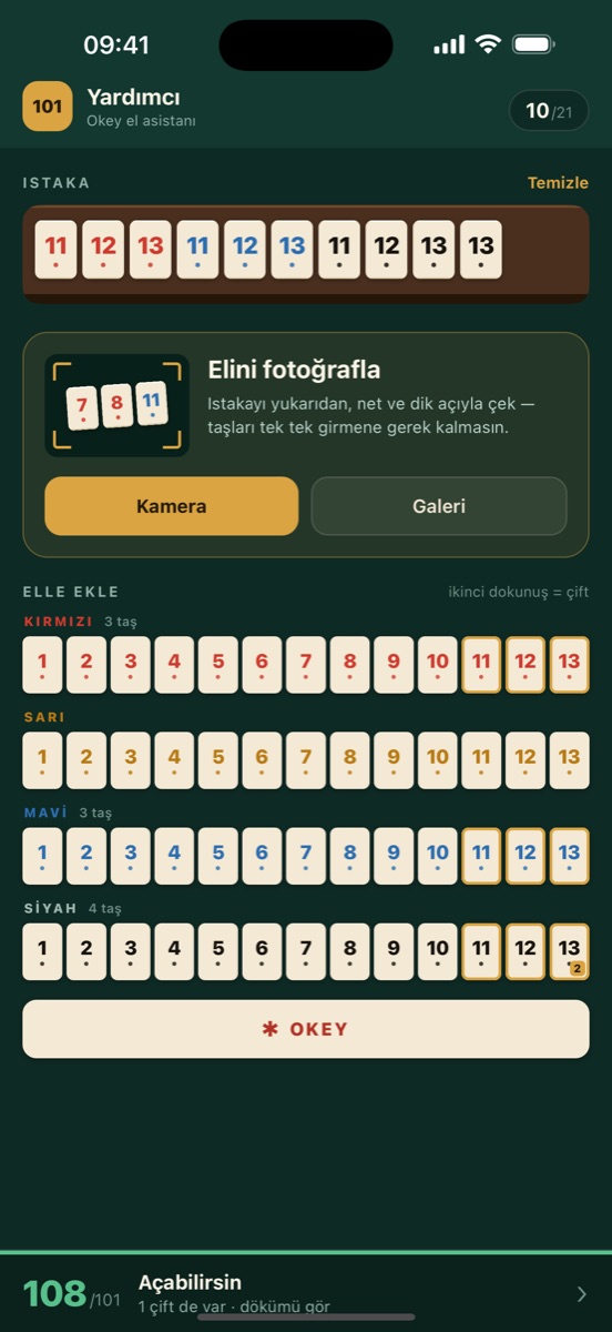 101 Yardımcı ana ekranı: ıstakadaki taşlar, fotoğrafla tarama kartı ve 108 puanlık açabilirsin göstergesi